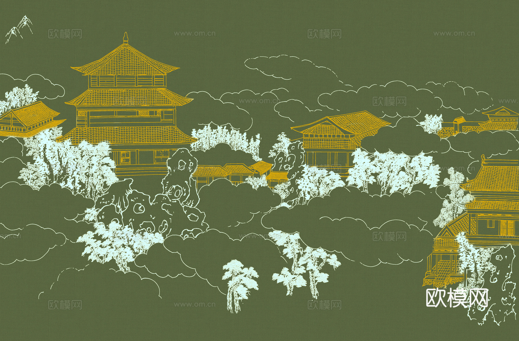 高清新中式楼阁线条肌理背景