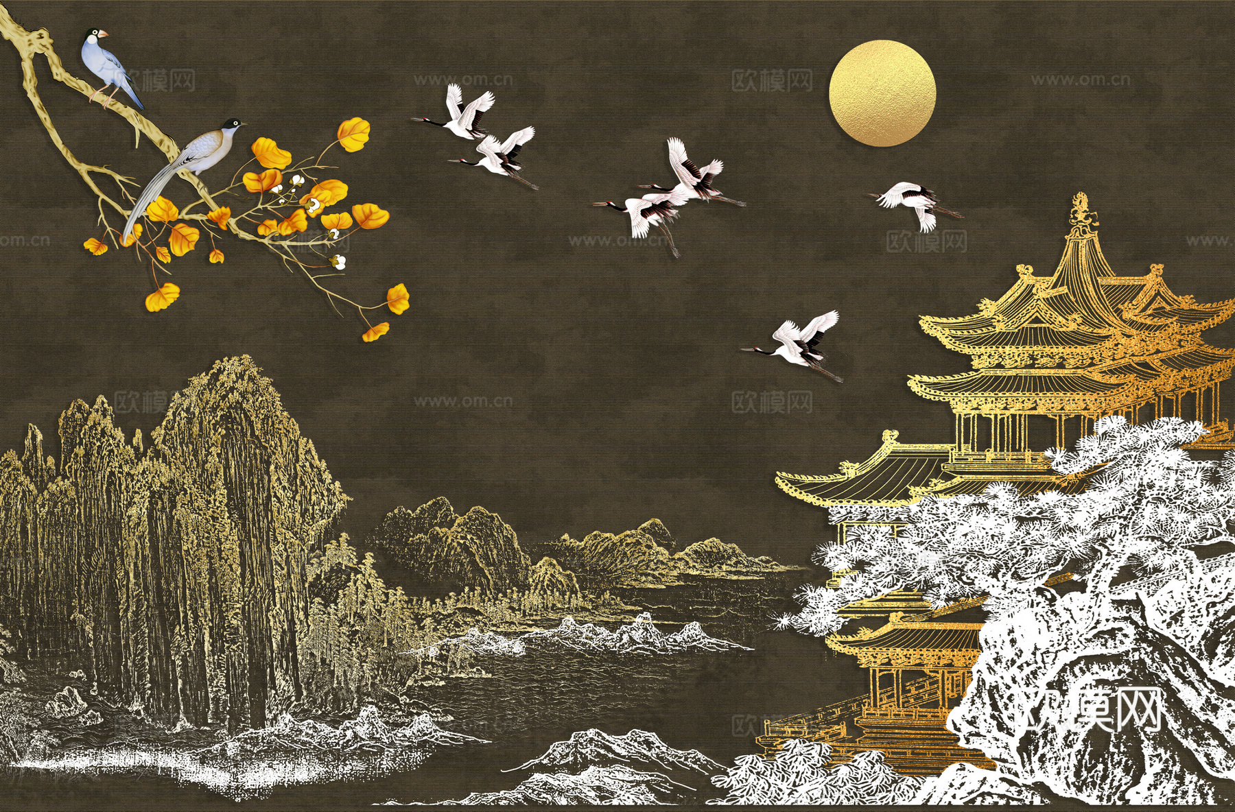 高清新中式楼阁线条肌理背景