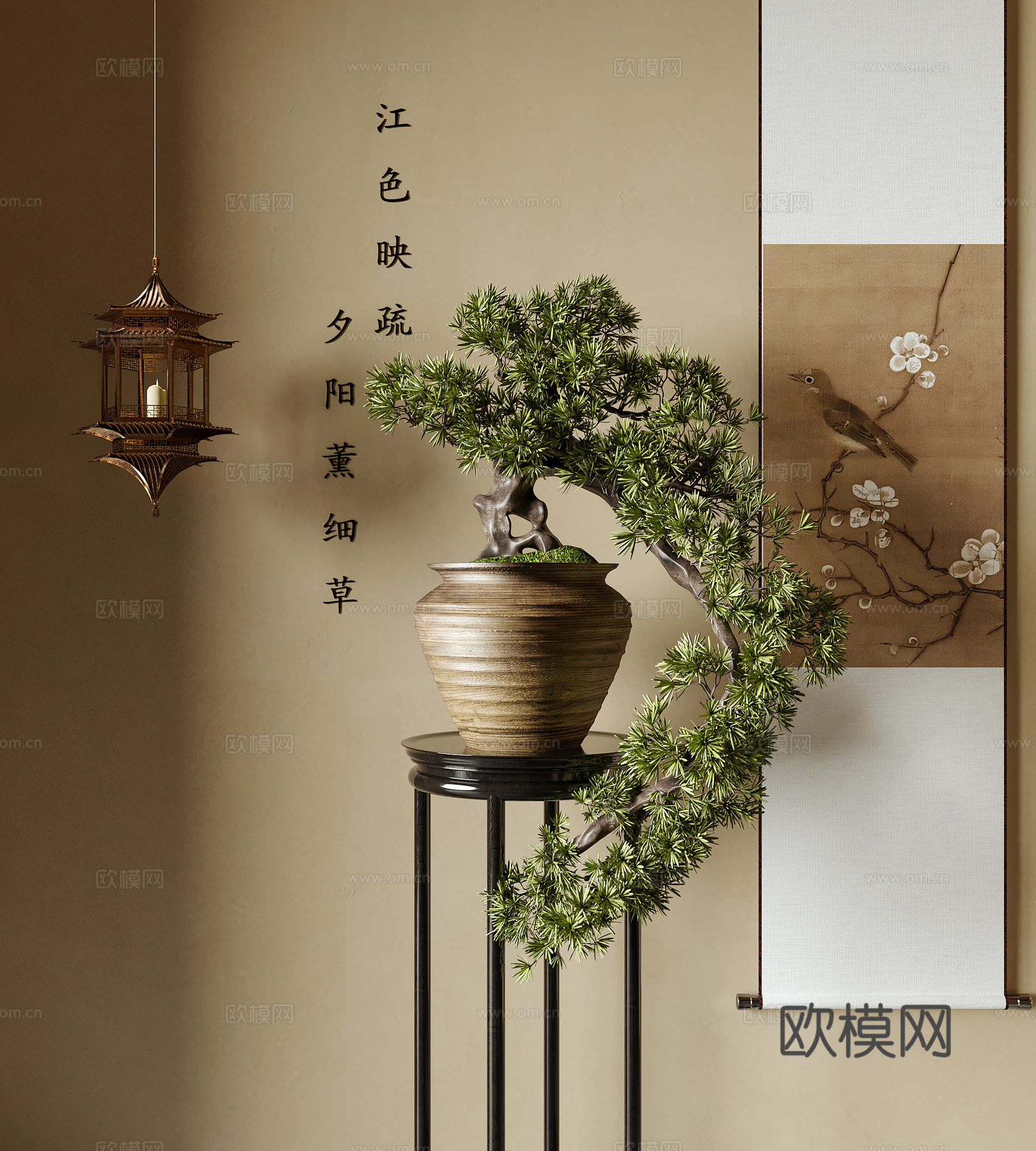 新中式盆栽盆景 挂画 植物摆件su模型