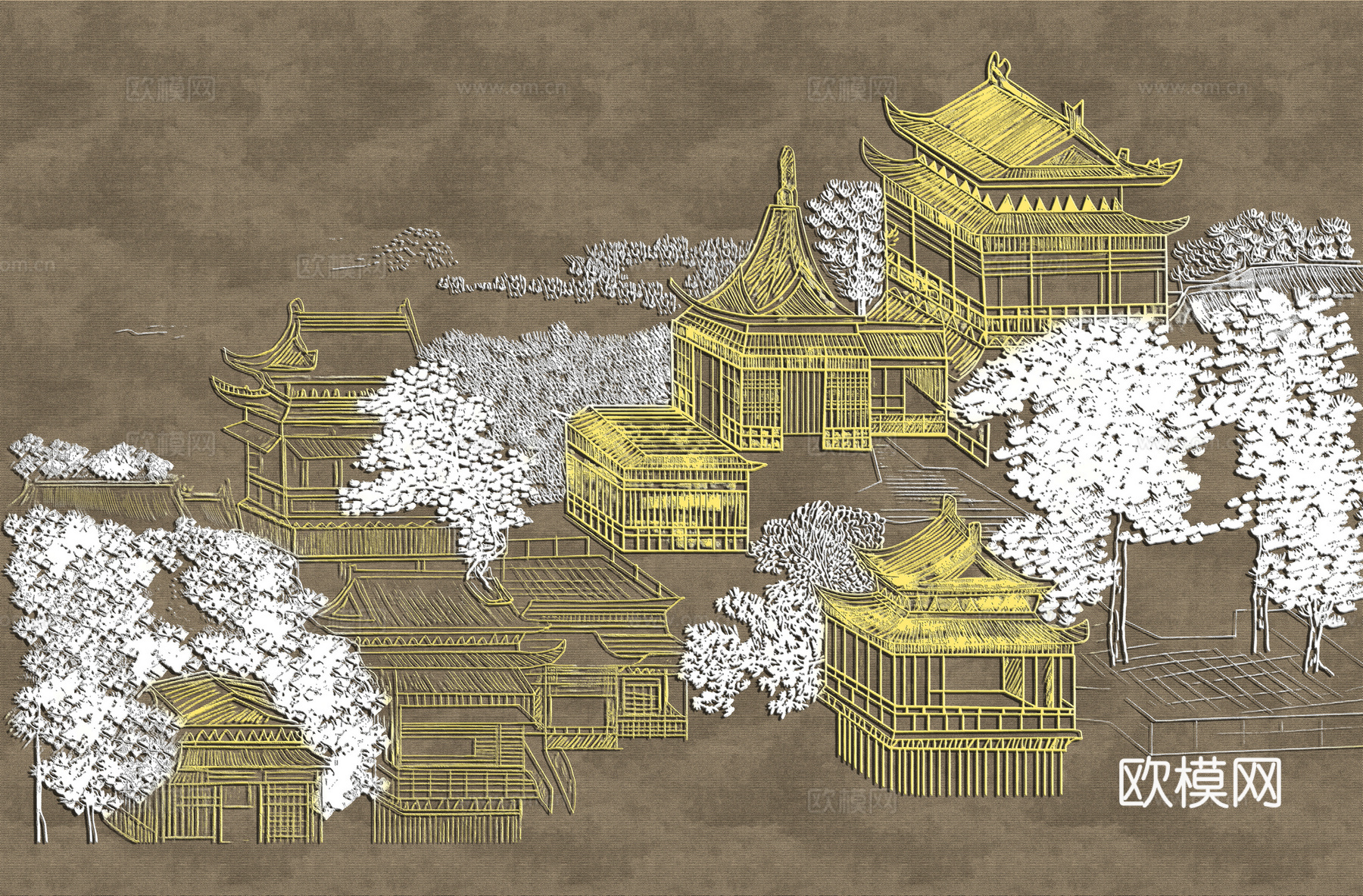 高清新中式楼阁线条肌理背景