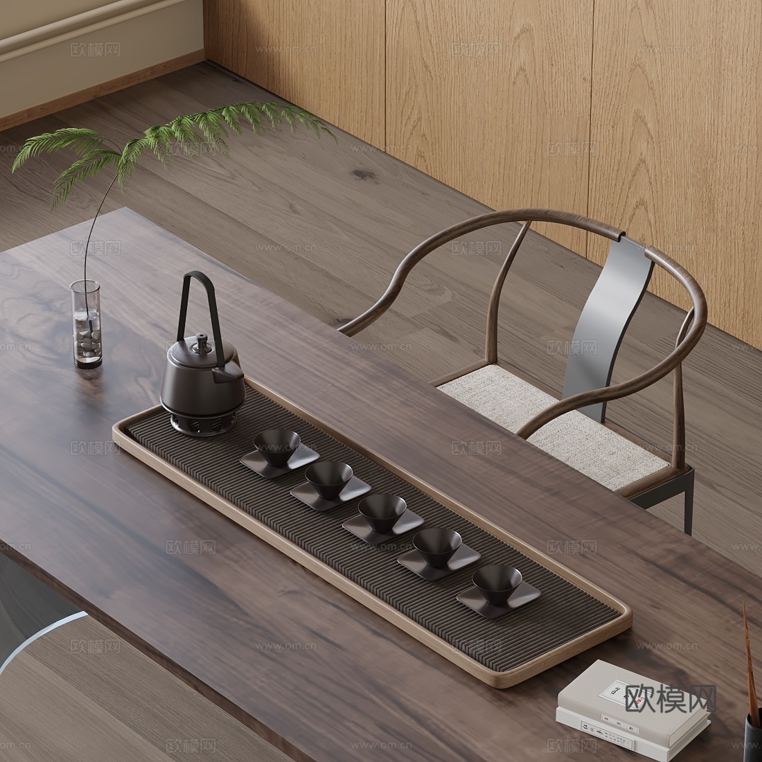 新中式中式茶具 茶桌椅组合 盆栽 茶壶 茶几 烧水壶 公道杯su模型