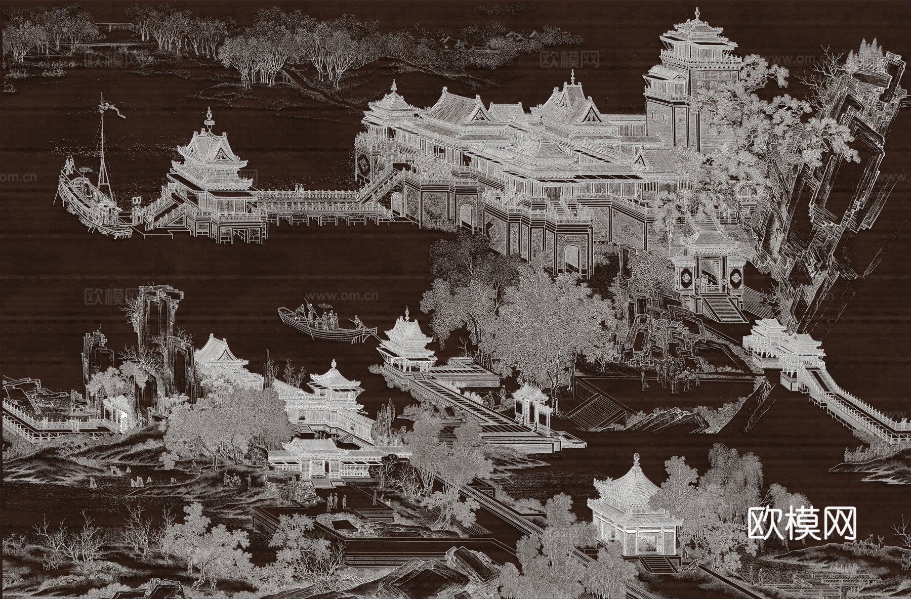高清新中式楼阁线条肌理背景