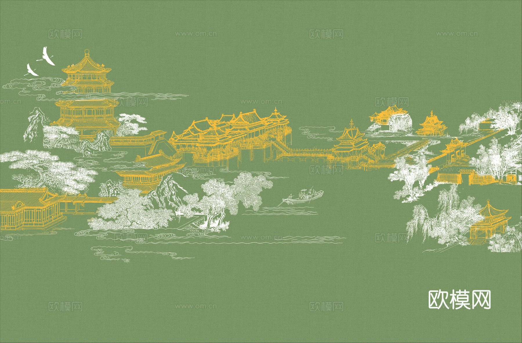 高清新中式楼阁线条肌理背景