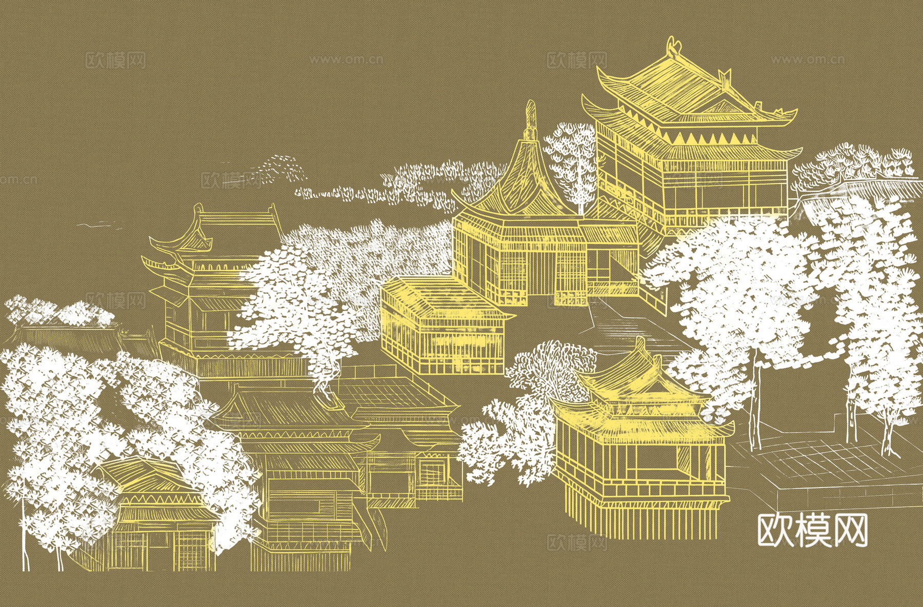 高清新中式楼阁线条肌理背景