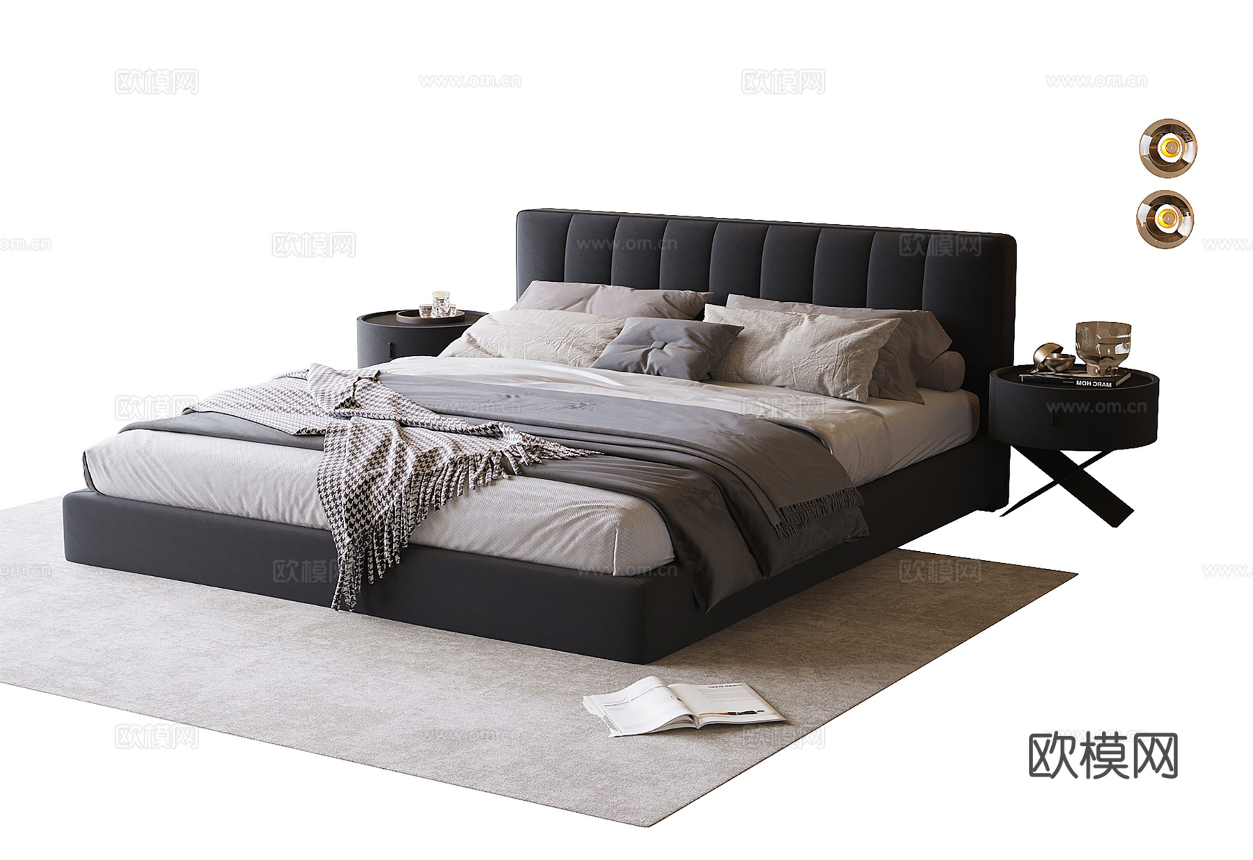 现代双人床 床头柜 床品3d模型