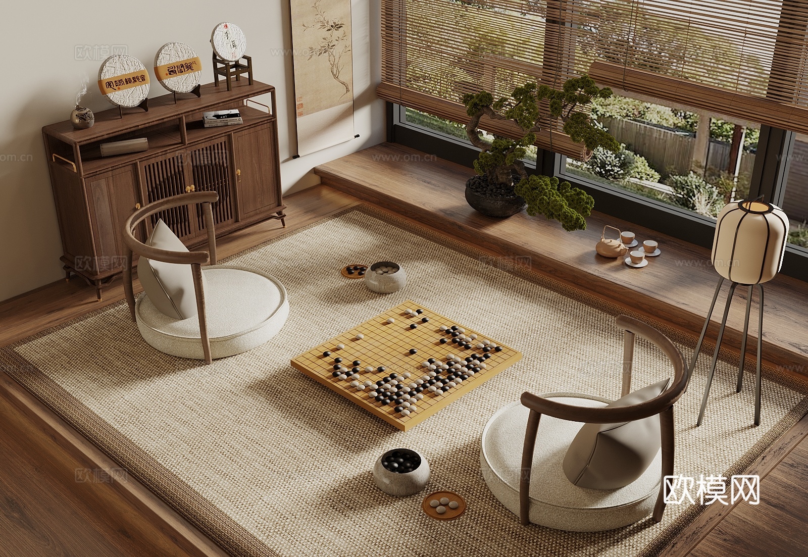 宋式风榻榻米娱乐室 围棋室 围棋 围棋桌椅组合 装饰柜3d模型