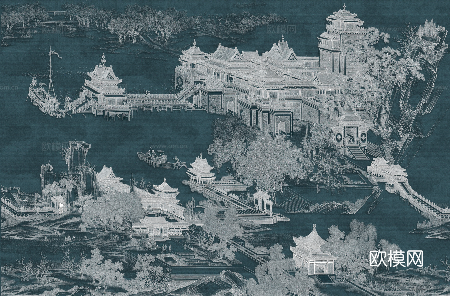 高清新中式楼阁线条肌理背景