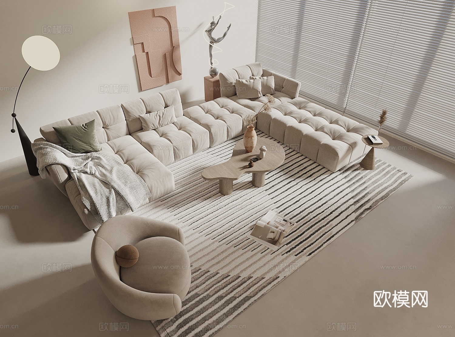 侘寂中古风沙发茶几组合 休闲椅 挂画 落地灯3d模型