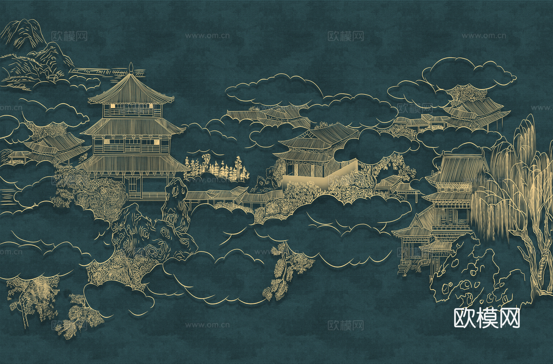 高清新中式楼阁线条肌理背景
