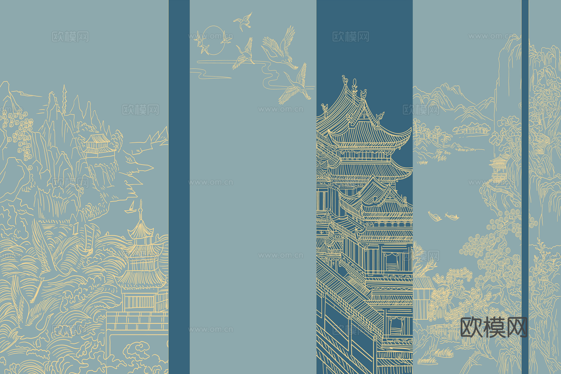 高清新中式楼阁线条肌理背景下载