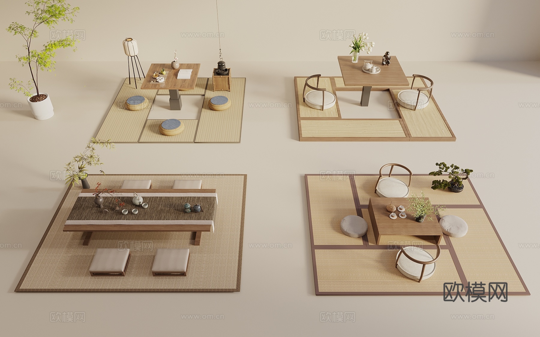 宋式新中风茶桌椅组合 原木风茶桌椅 蒲团 茶具 藤编凉席3d模型