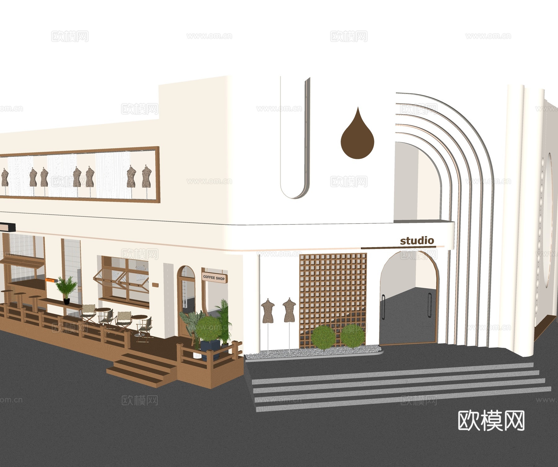 现代咖啡店建筑 商业店铺门头su模型