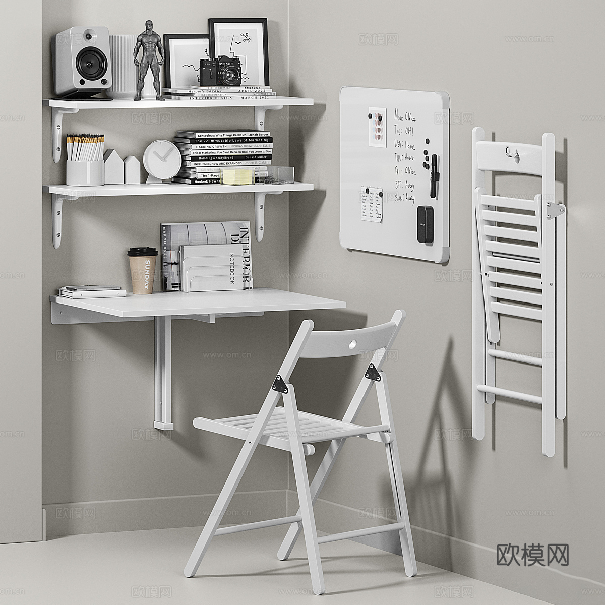 现代意式极简折叠书桌椅3d模型