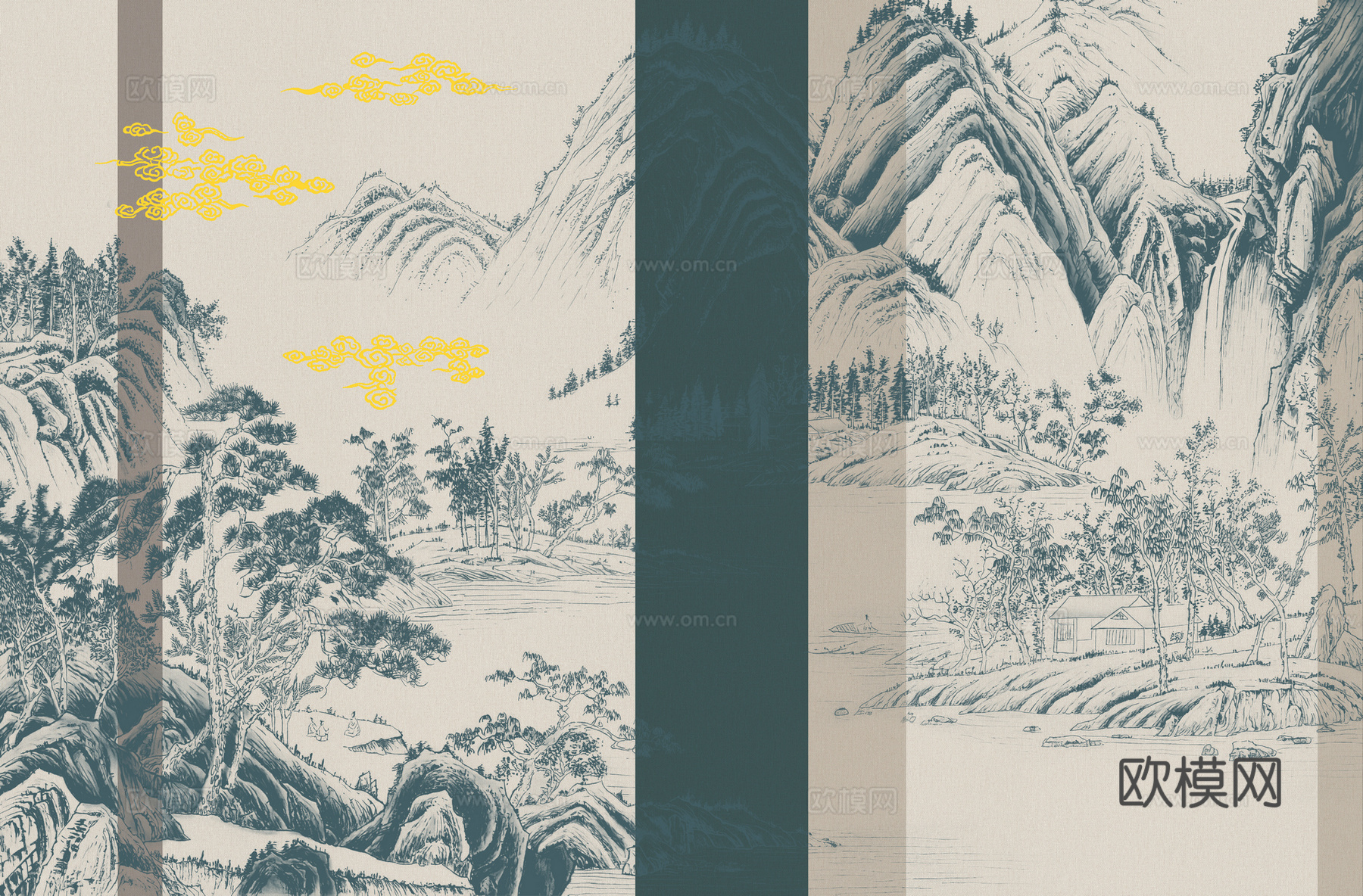 高清新中式楼阁线条肌理背景
