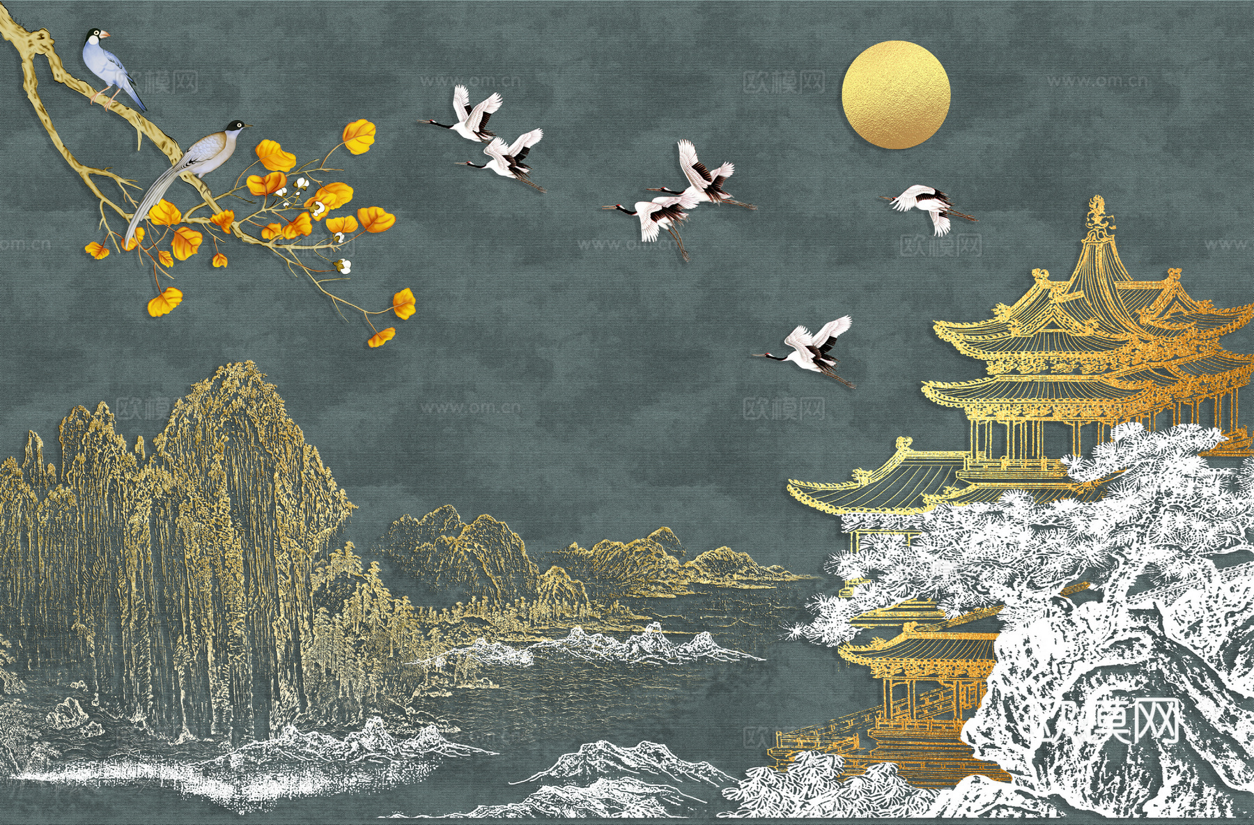 高清新中式楼阁线条肌理背景