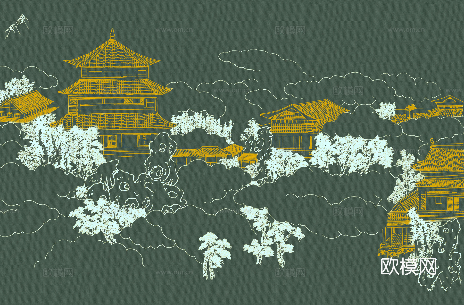 高清新中式楼阁线条肌理背景