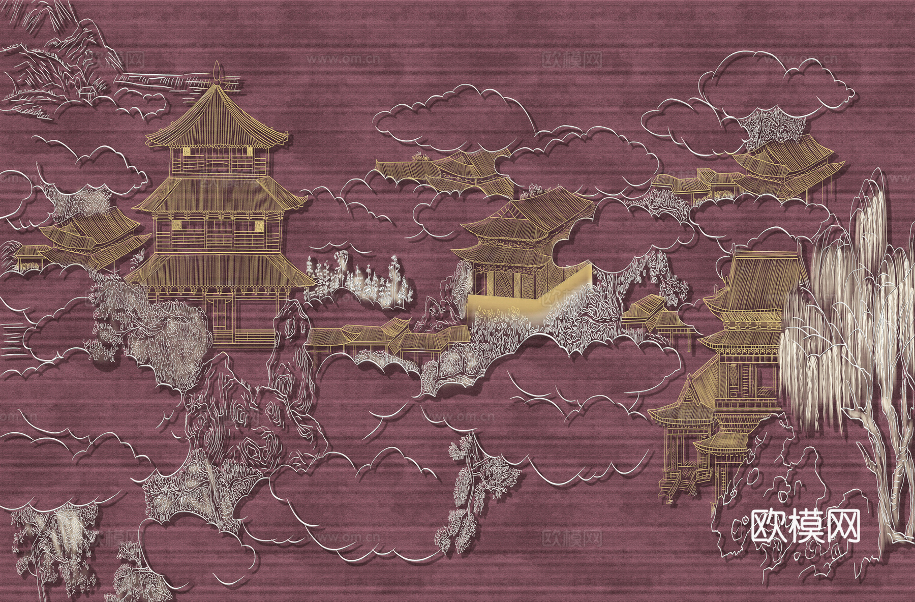 高清新中式楼阁线条肌理背景