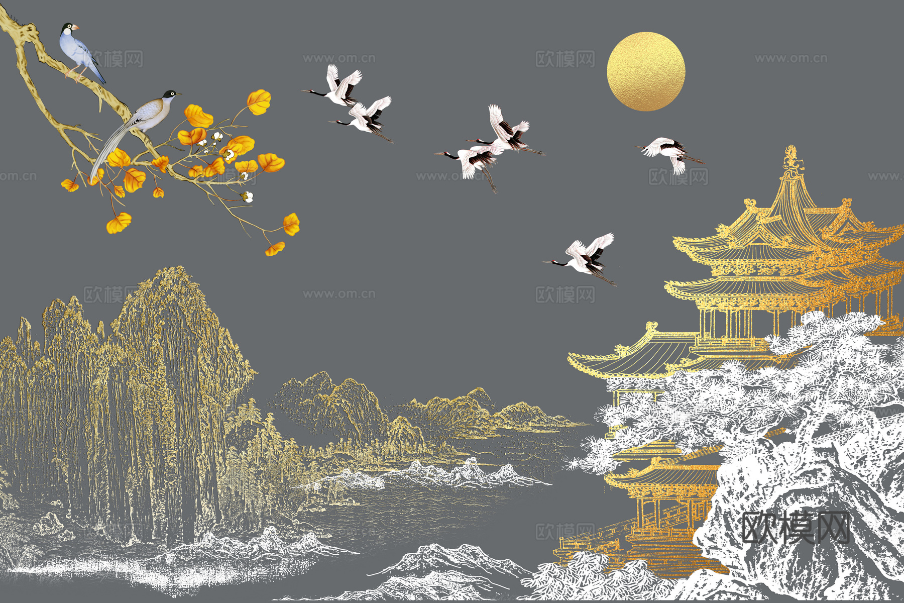 高清新中式楼阁线条肌理背景下载