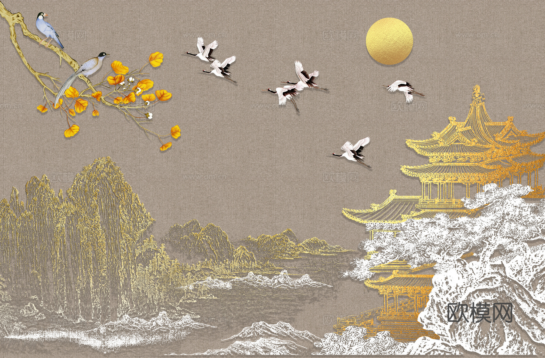 高清新中式楼阁线条肌理背景