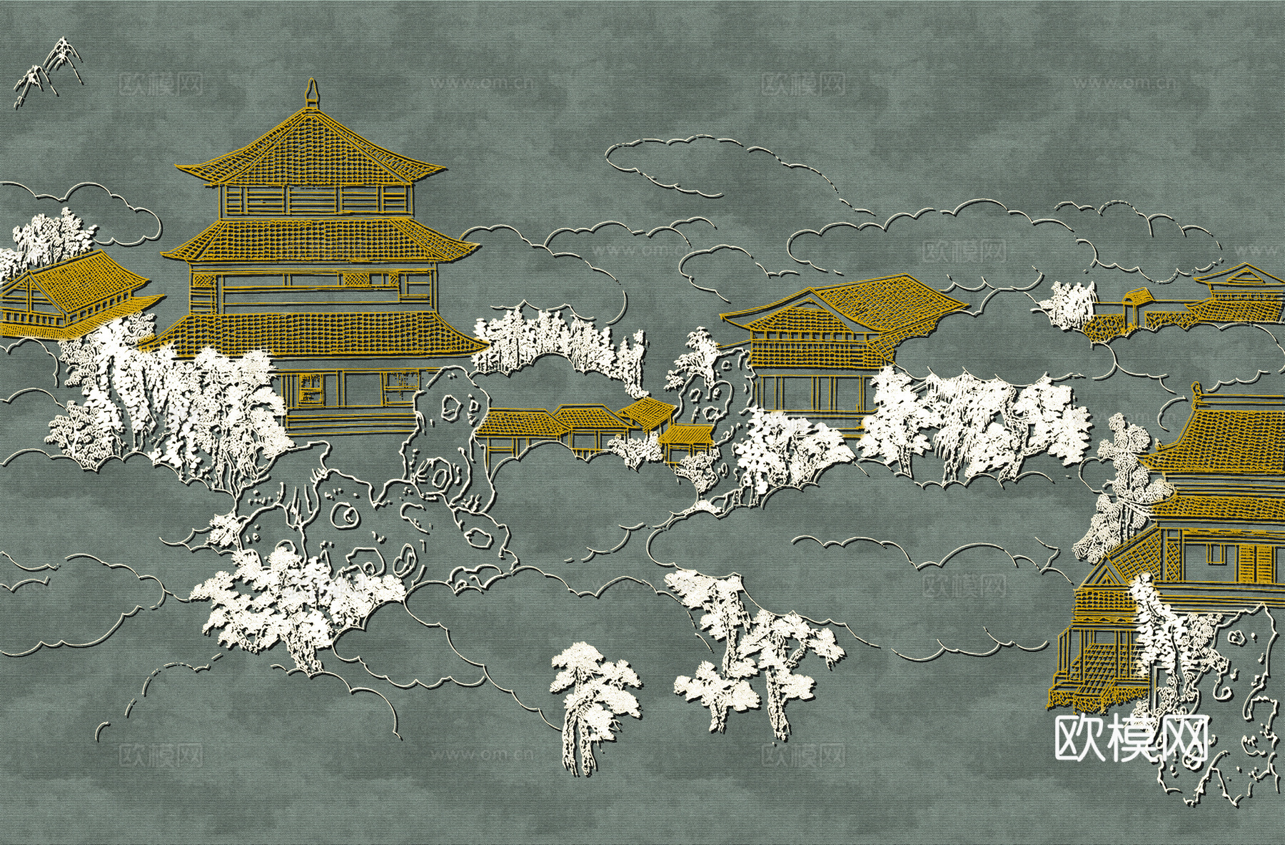 高清新中式楼阁线条肌理背景