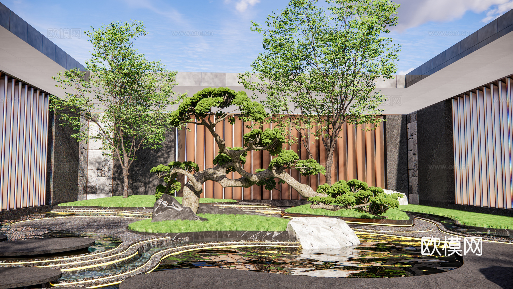 现代售楼庭院 庭院花园 弧形曲线水景庭院花园  庭院绿植su模型
