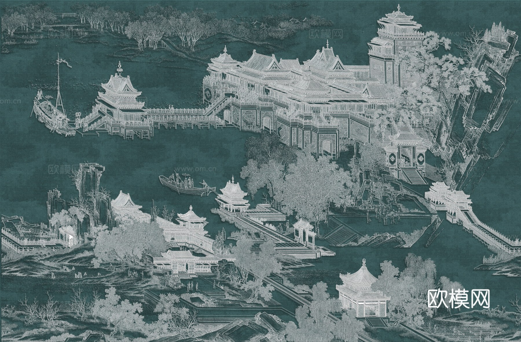 高清新中式楼阁线条肌理背景