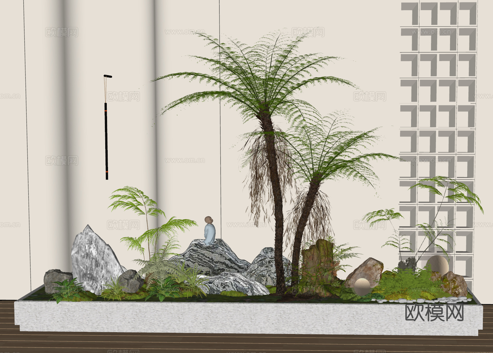 现代 景观小品 景观造景 植物堆 苔藓 景观灯 树 石头 室su模型