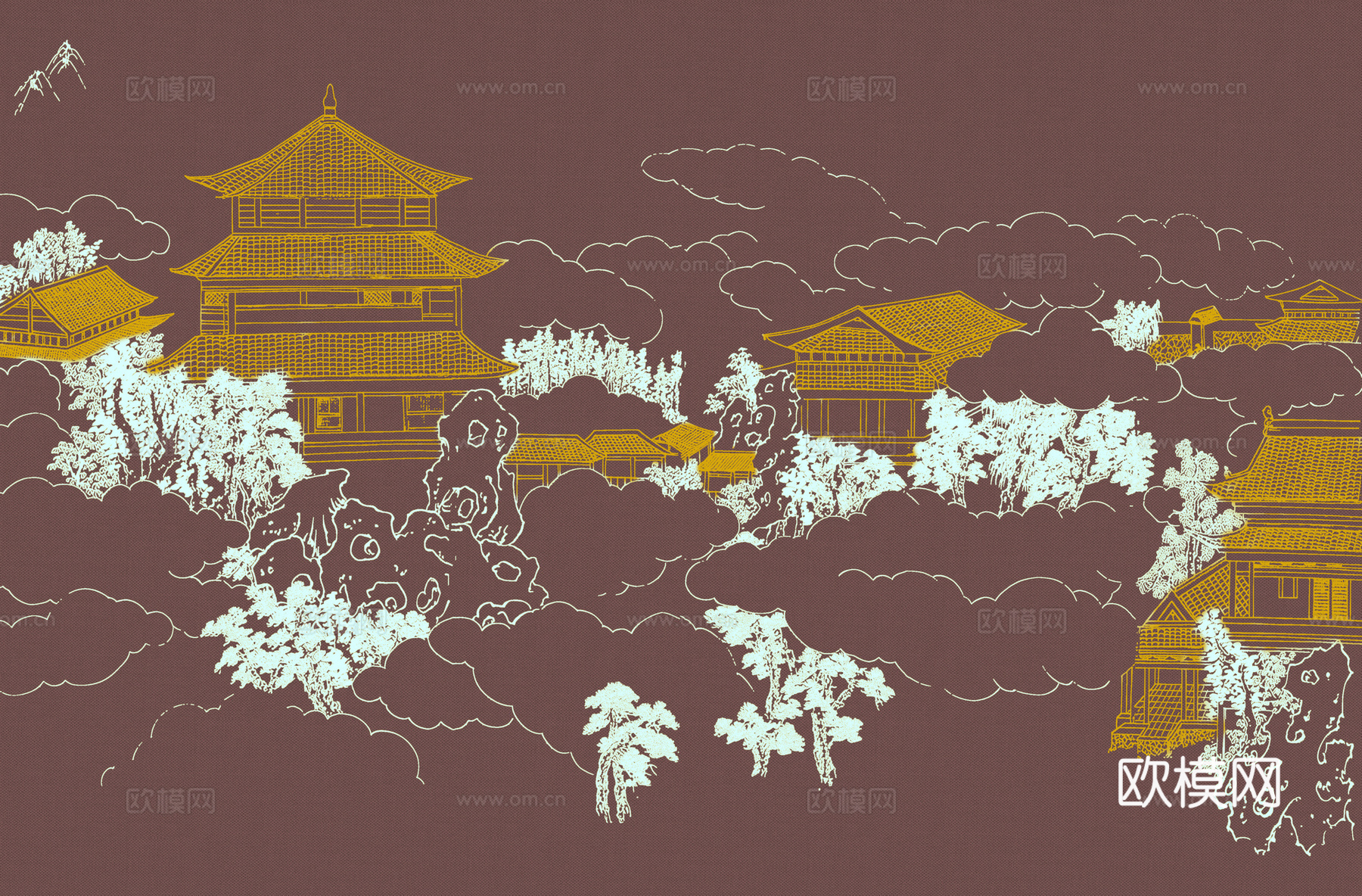 高清新中式楼阁线条肌理背景