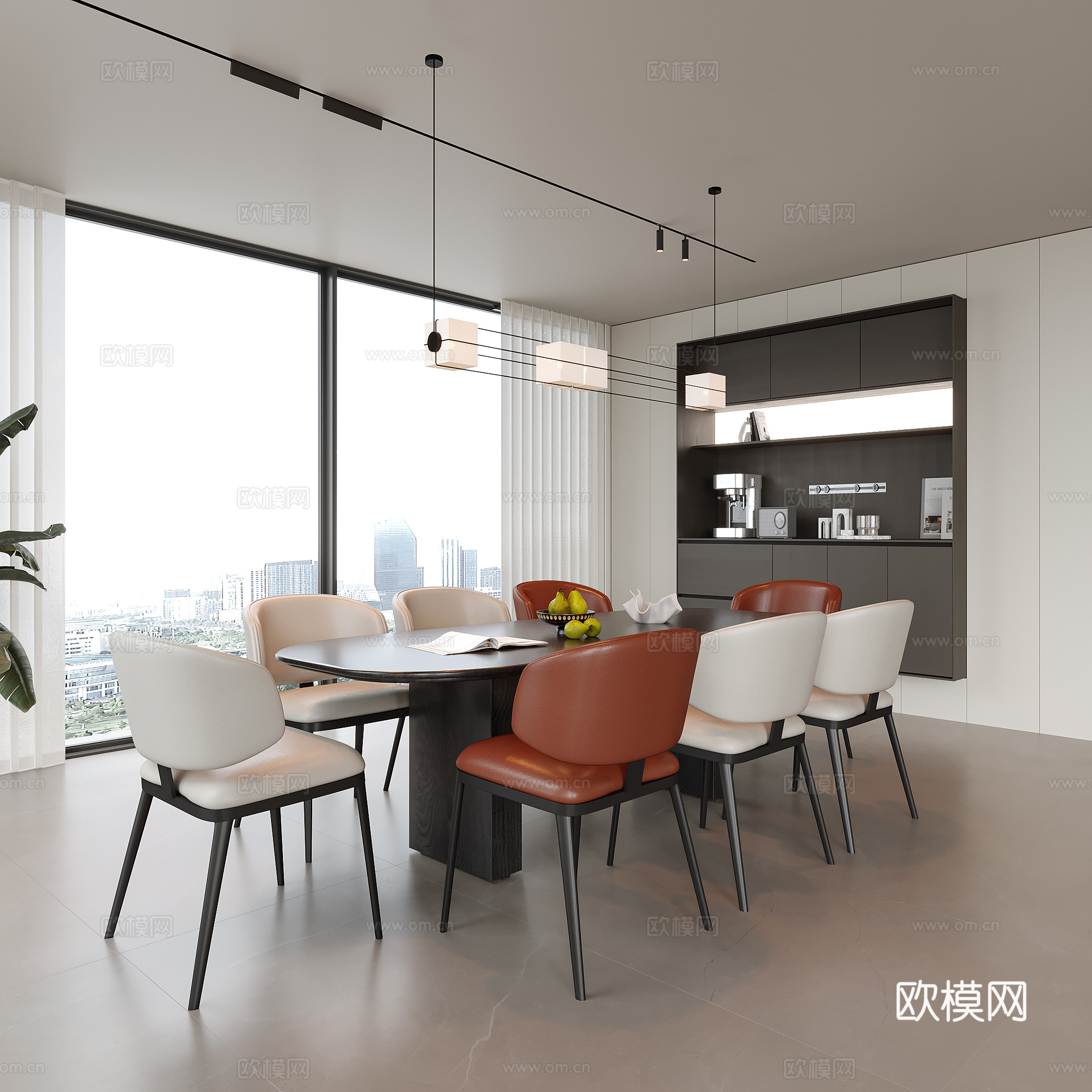 现代餐厅 餐桌椅 餐椅 餐边柜 吊灯3d模型