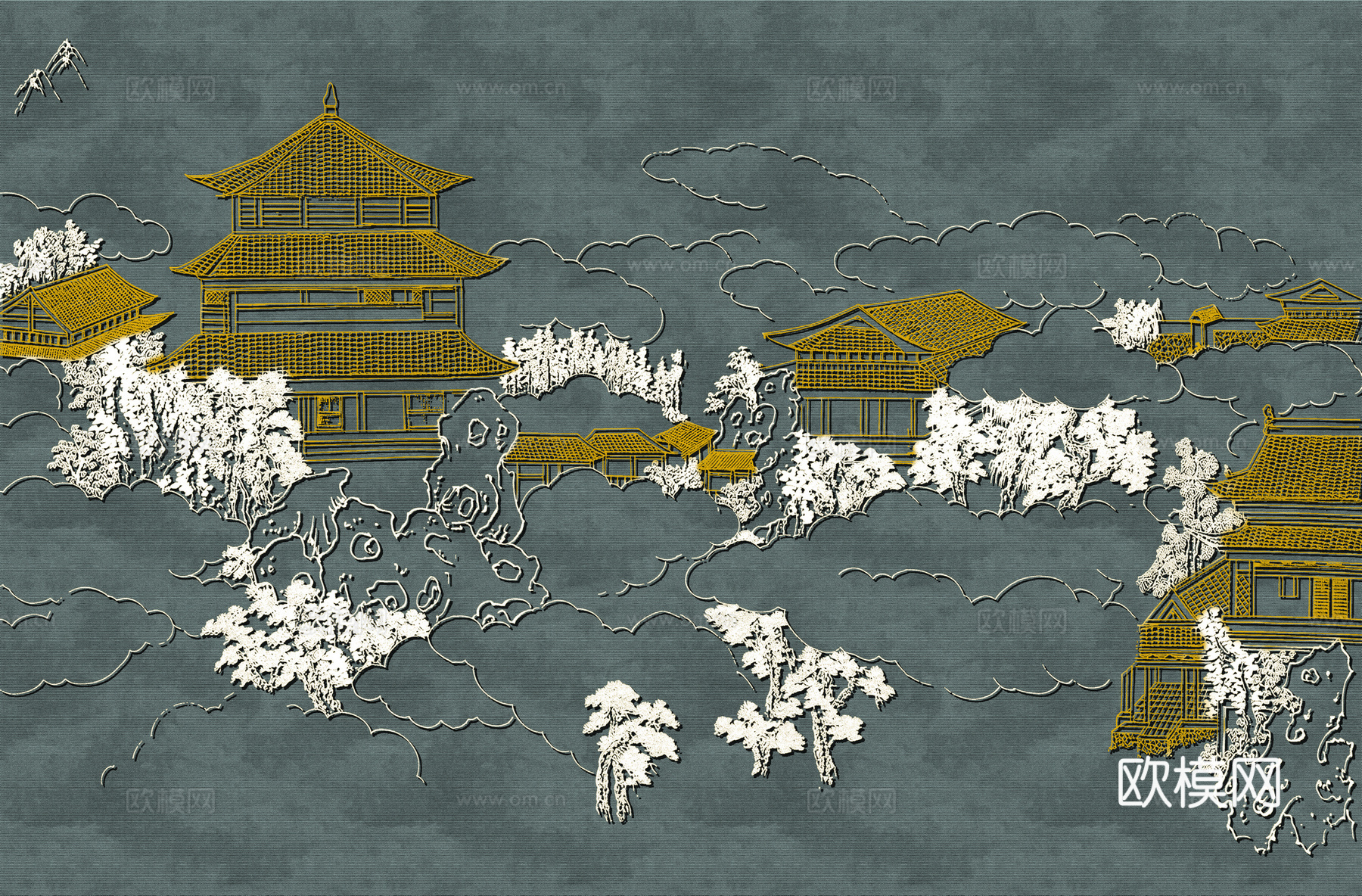 高清新中式楼阁线条肌理背景