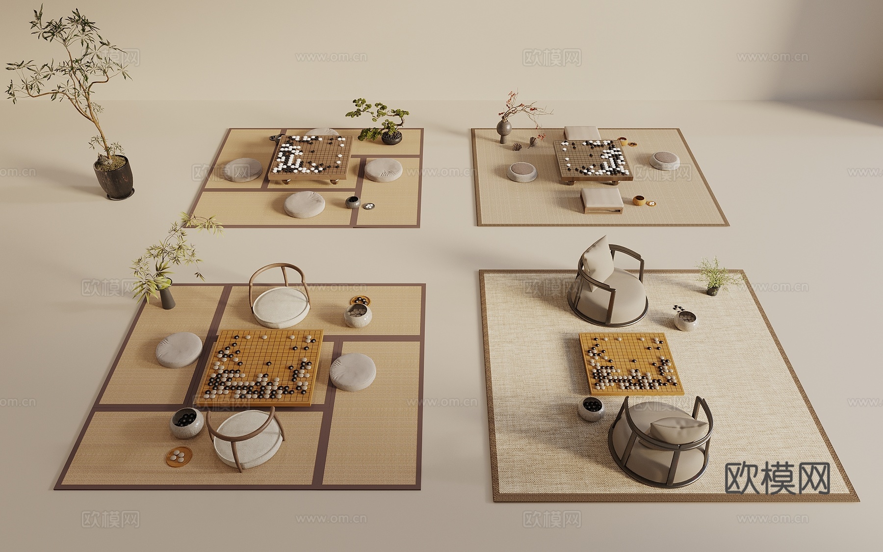 宋式新中风围棋桌椅组合 原木风棋牌桌椅 桌游 围棋桌 蒲团3d模型