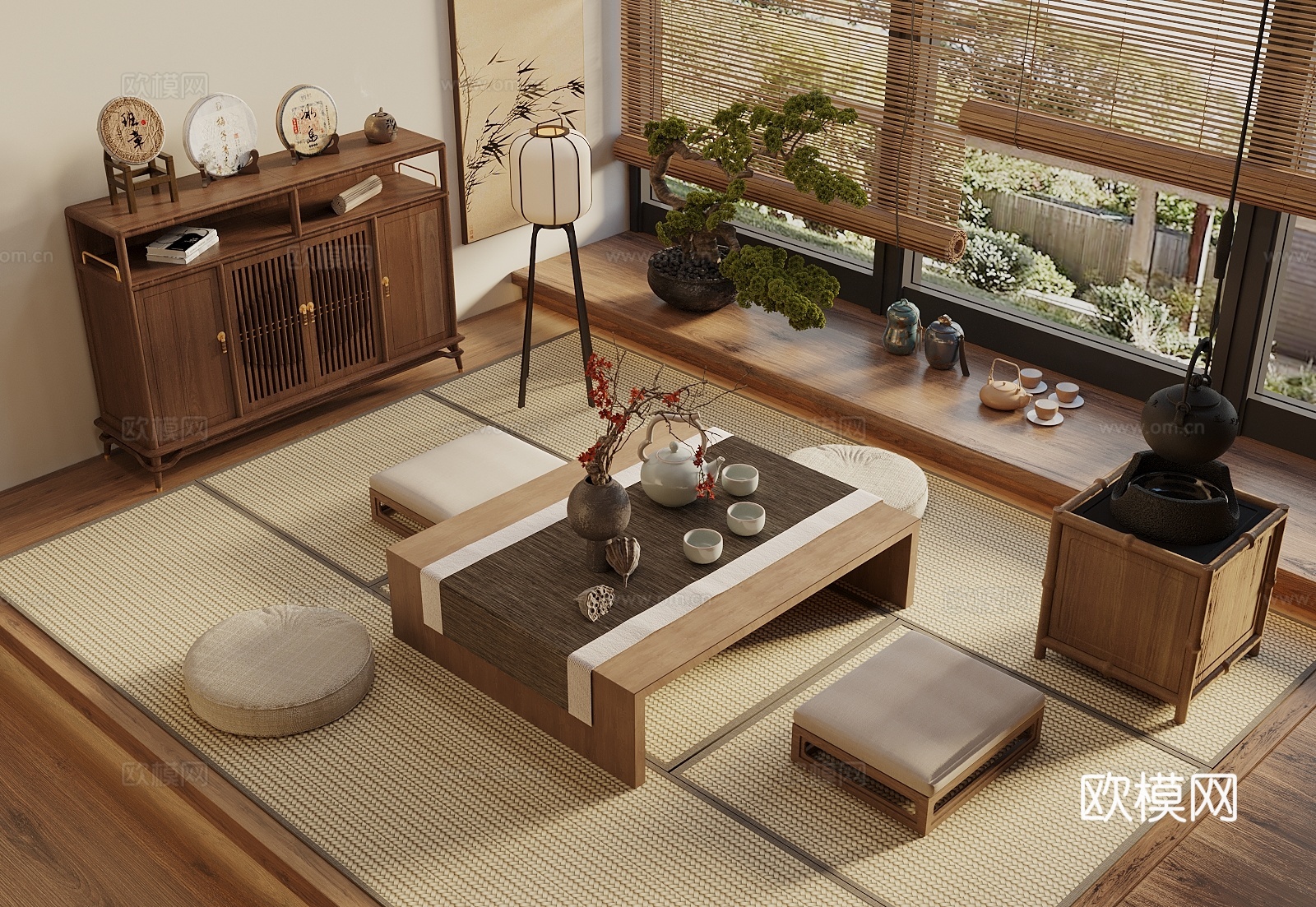 宋式新中风茶室 榻榻米茶室 茶桌椅组合 蒲团 茶具组合 盆景3d模型
