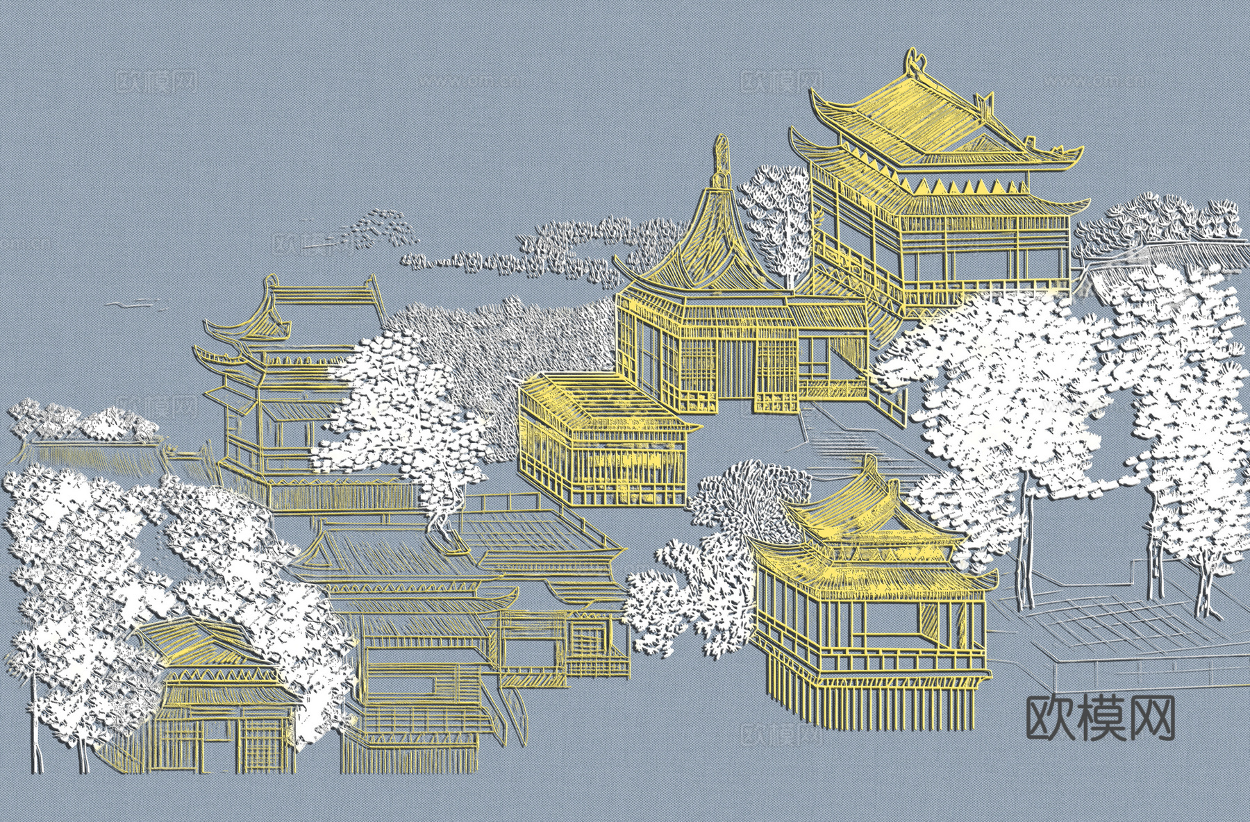 高清新中式楼阁线条肌理背景
