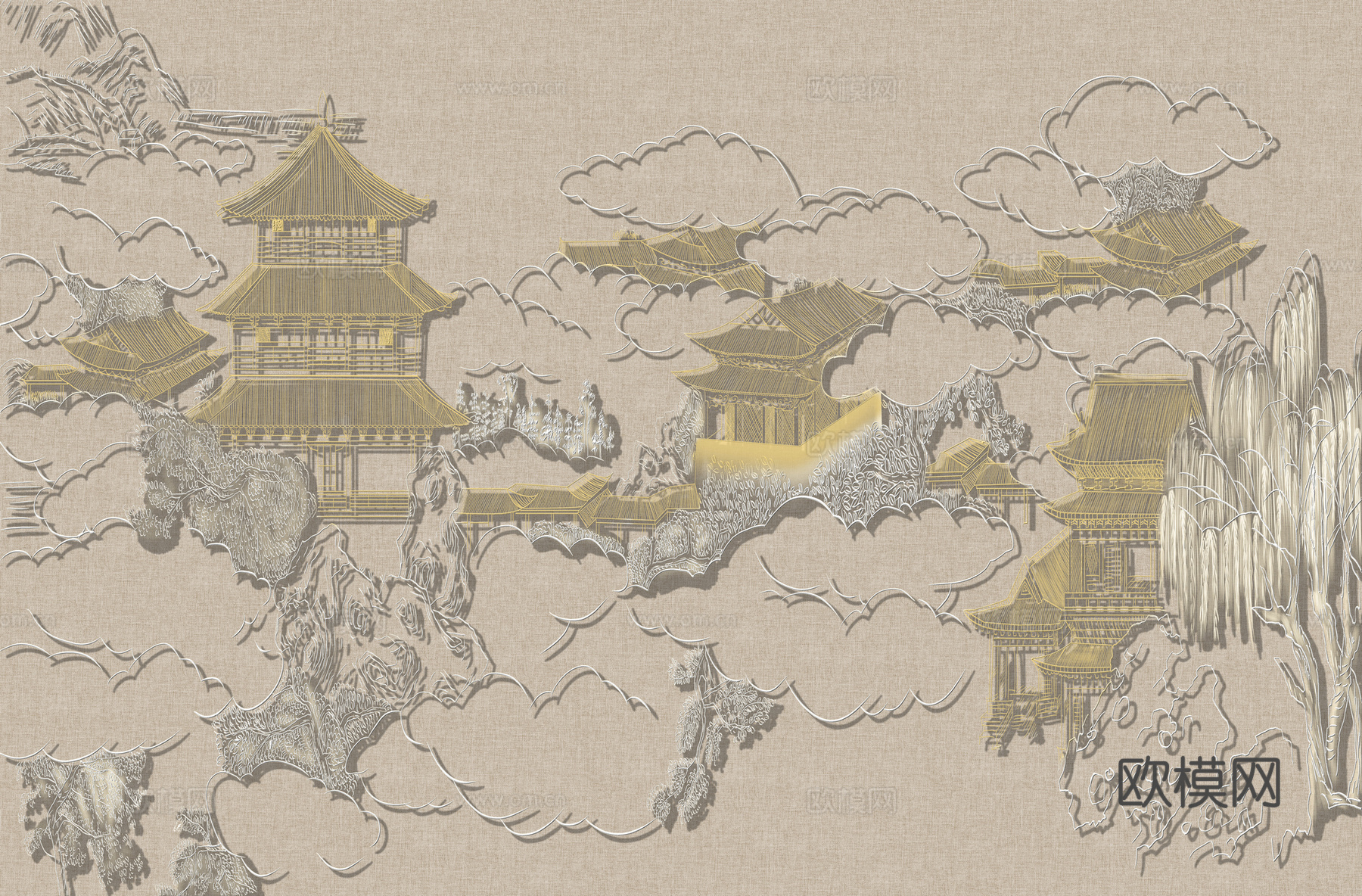 高清新中式楼阁线条肌理背景