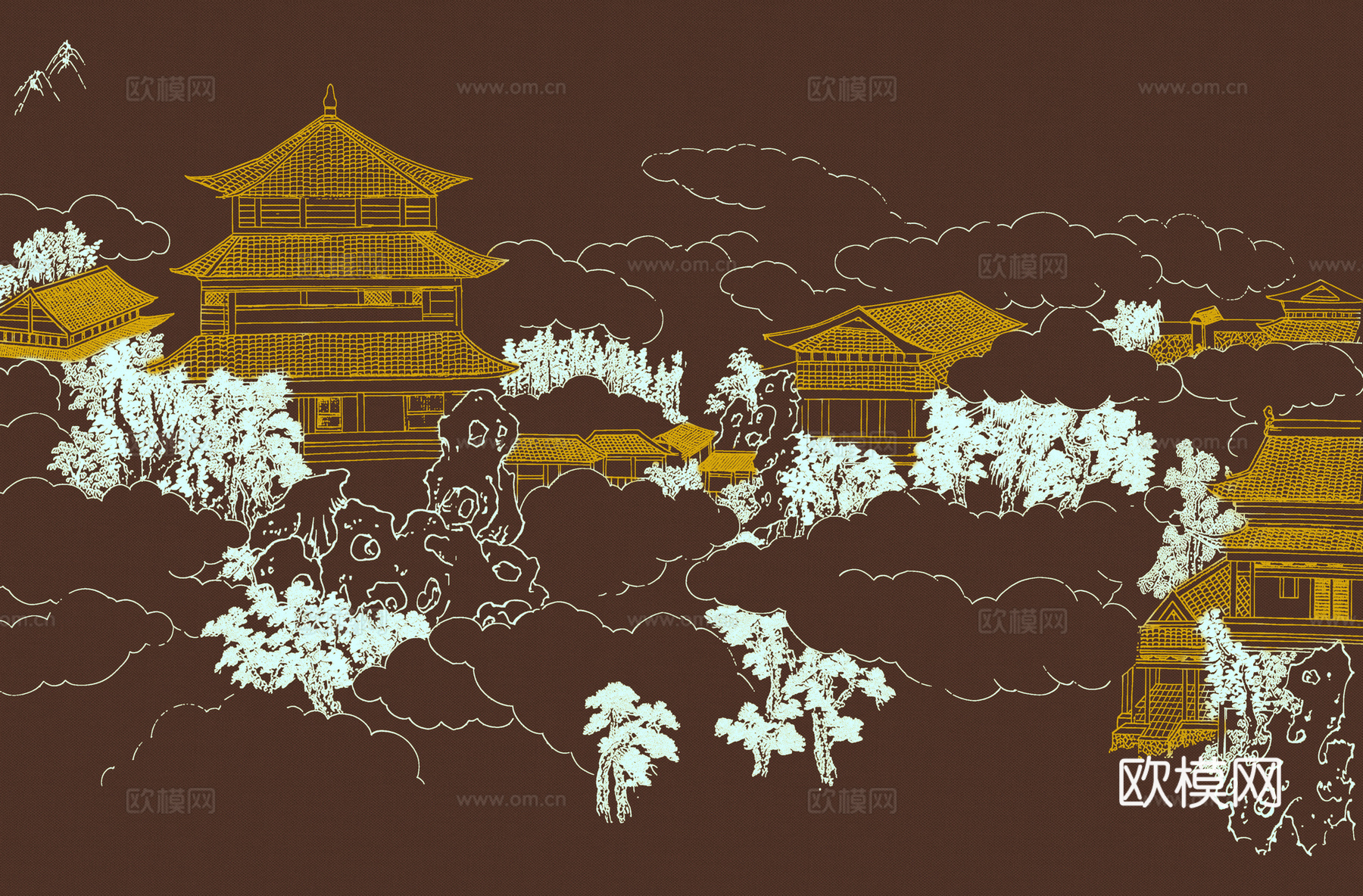 高清新中式楼阁线条肌理背景