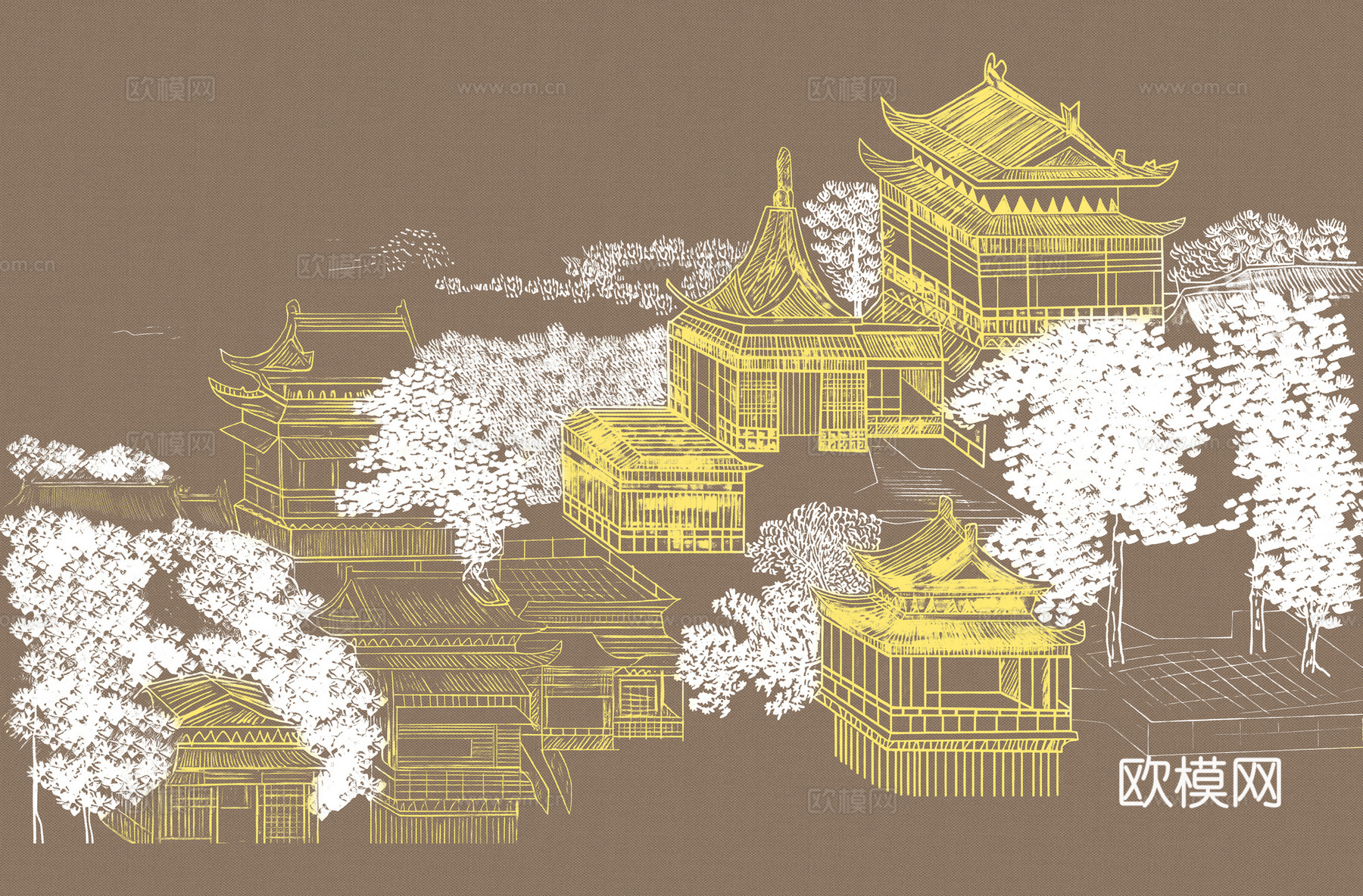 高清新中式楼阁线条肌理背景