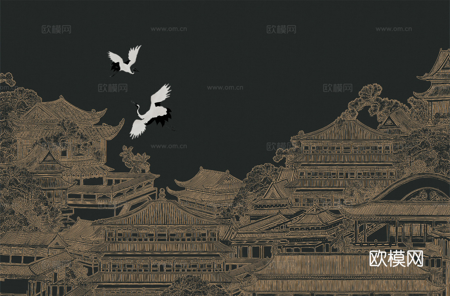高清新中式楼阁线条肌理背景
