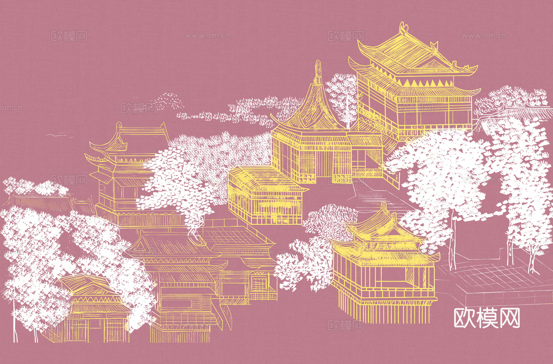 高清新中式楼阁线条肌理背景
