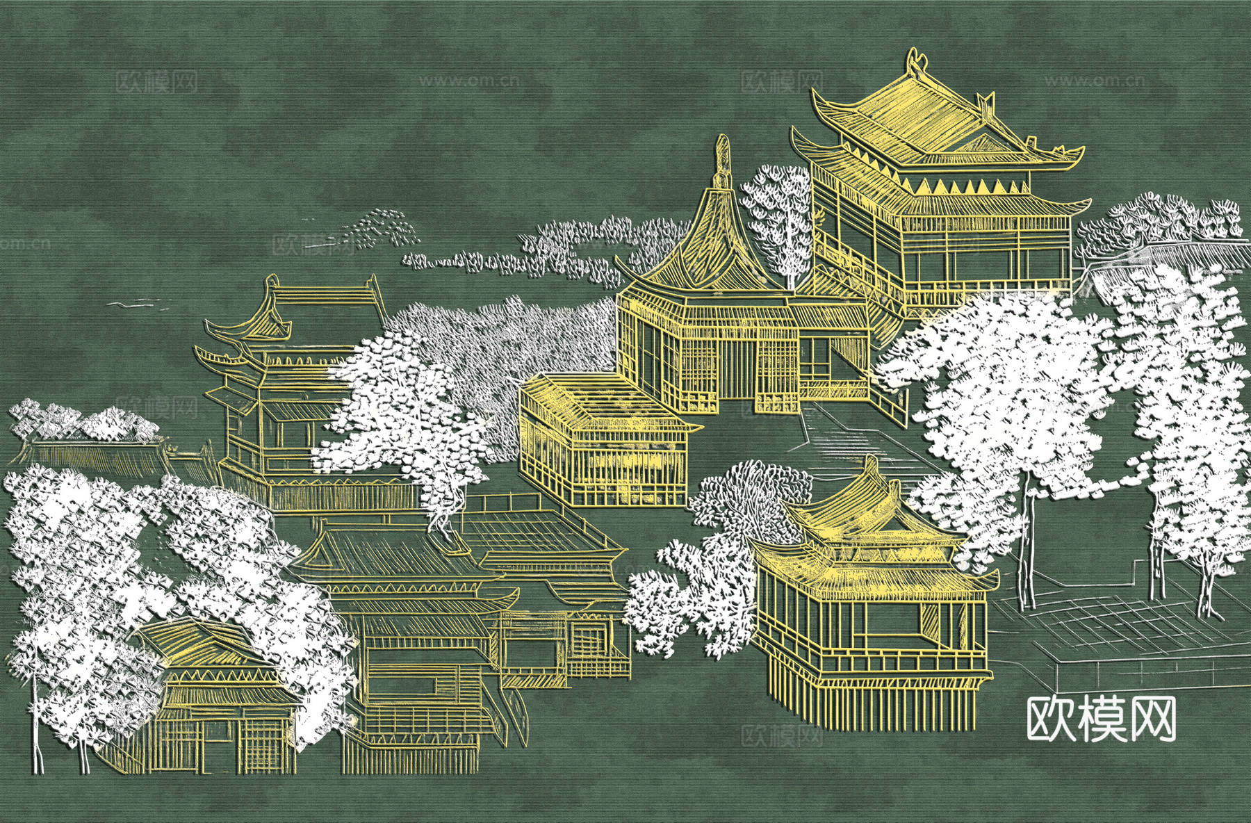 高清新中式楼阁线条肌理背景