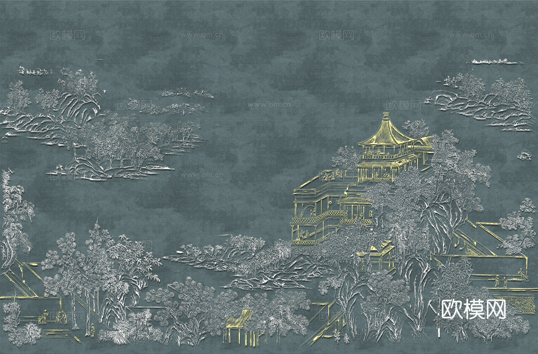 高清新中式楼阁线条肌理背景
