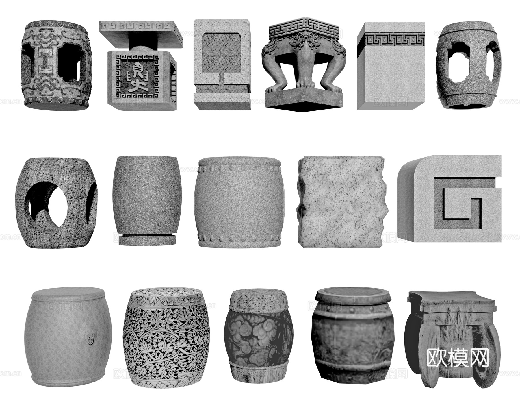 中式石凳 圆形石凳子 石桌椅 庭院石桌石凳 石头座椅 石台3d模型