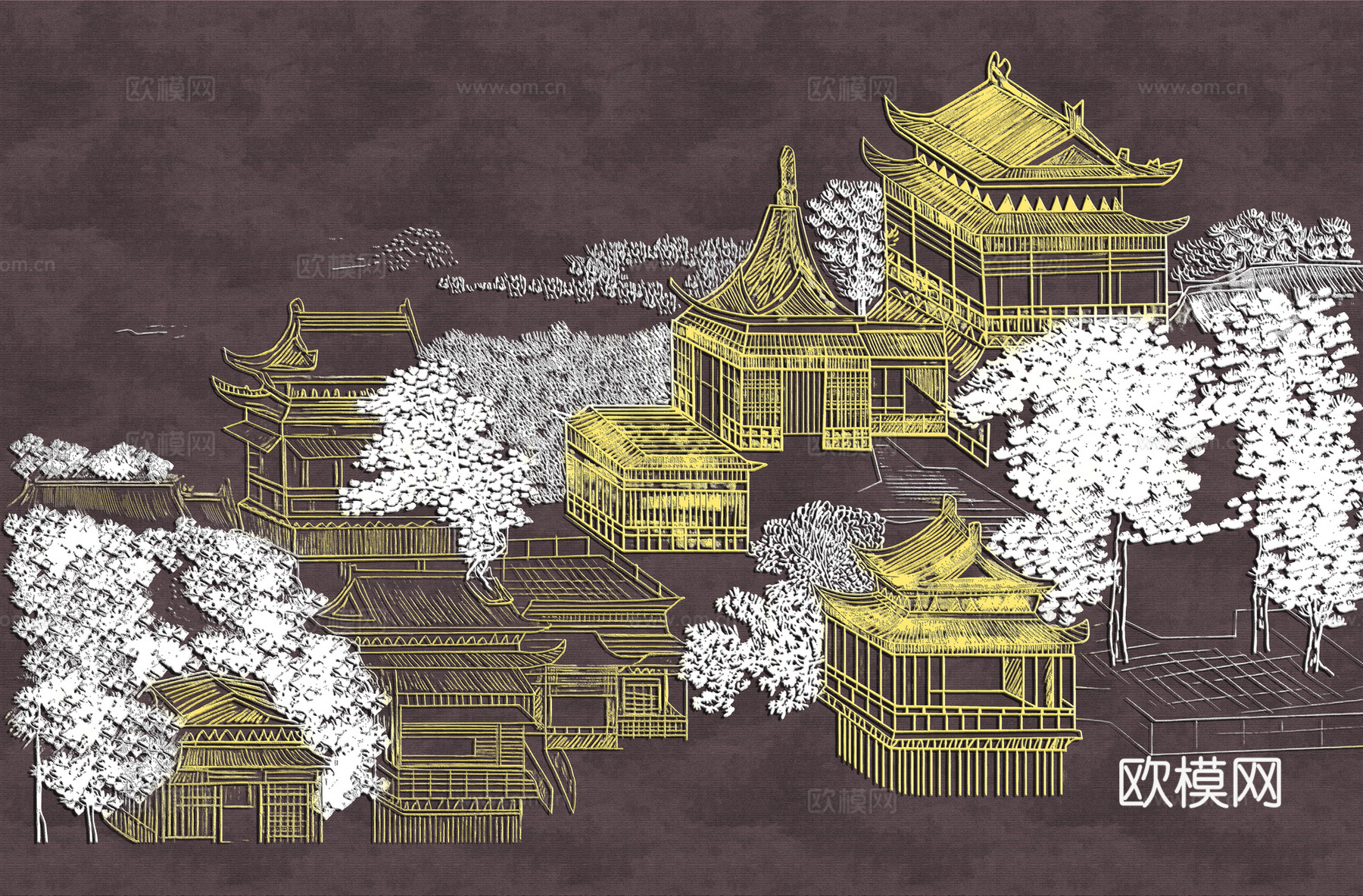 高清新中式楼阁线条肌理背景