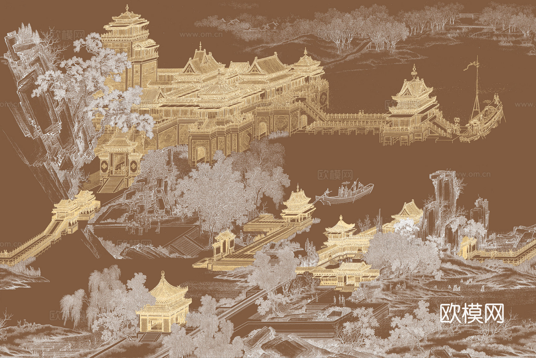 高清新中式楼阁线条肌理背景