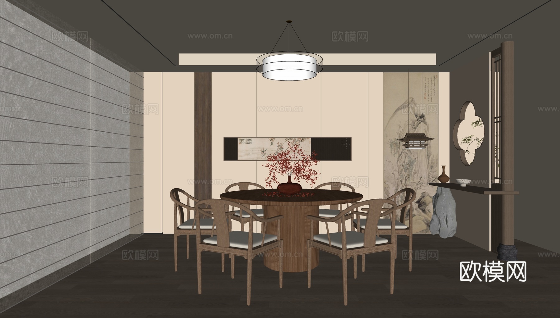 新中式禅意圆桌餐厅 宋式餐厅 餐桌椅 新中式灯 挂画su模型