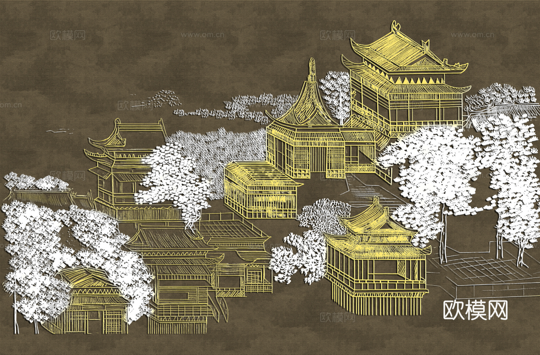 高清新中式楼阁线条肌理背景