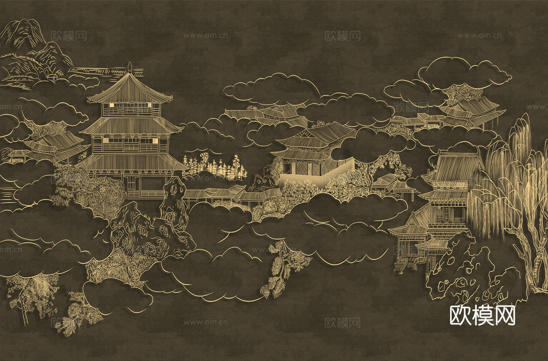 高清新中式楼阁线条肌理背景