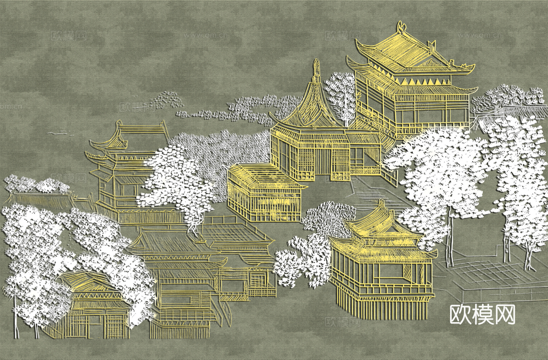 高清新中式楼阁线条肌理背景