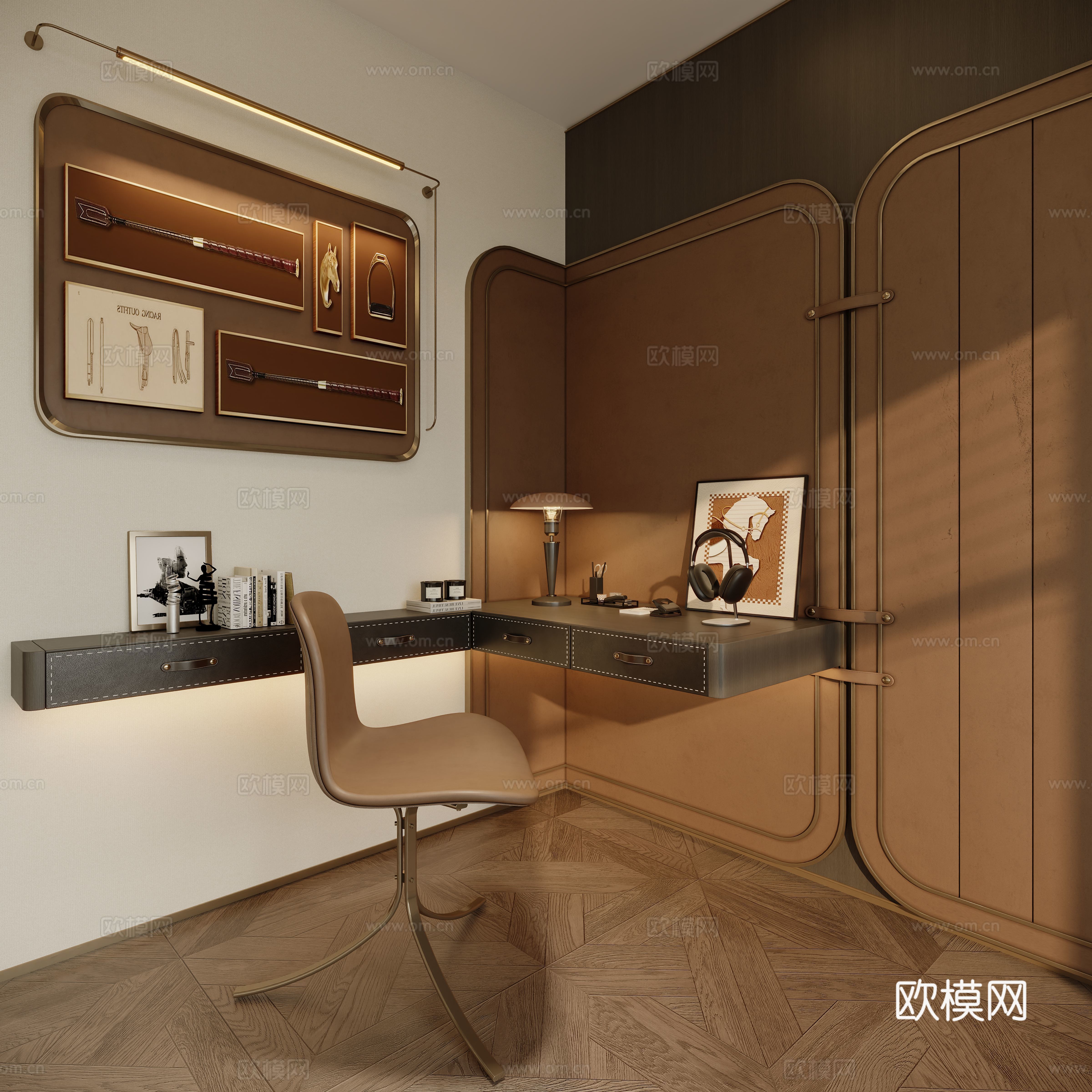 现代硬包墙书桌椅3d模型