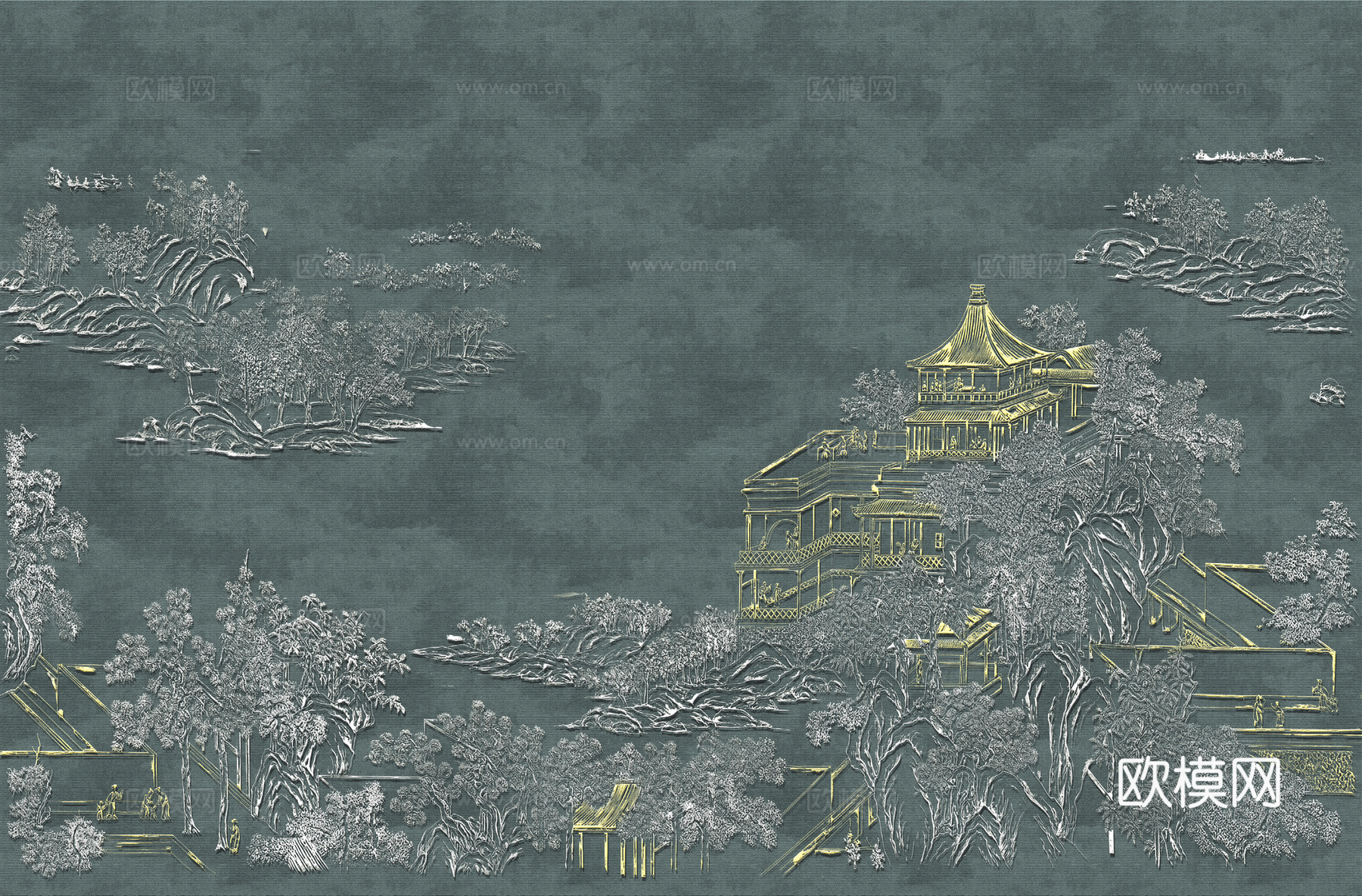 高清新中式楼阁线条肌理背景