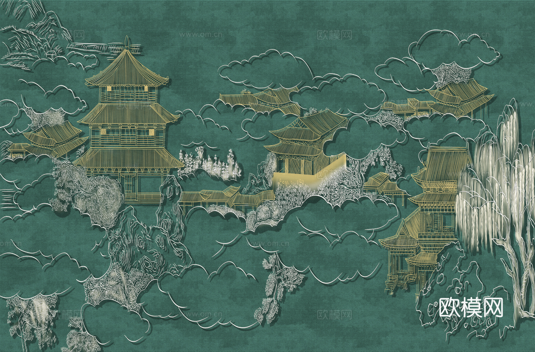 高清新中式楼阁线条肌理背景